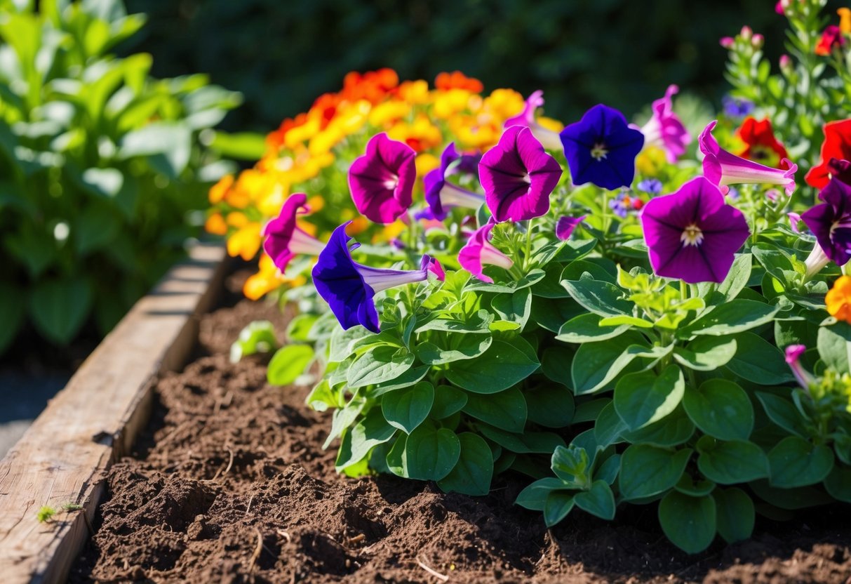 A sunny garden bed with rich, well-draining soil and a backdrop of green foliage, showcasing a vibrant display of petunias in various colors and sizes