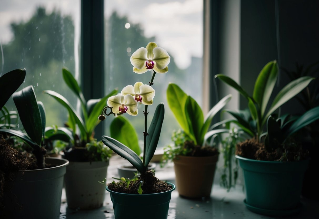 A delicate orchid wilting in a dimly lit room, surrounded by overwatered and neglected plants