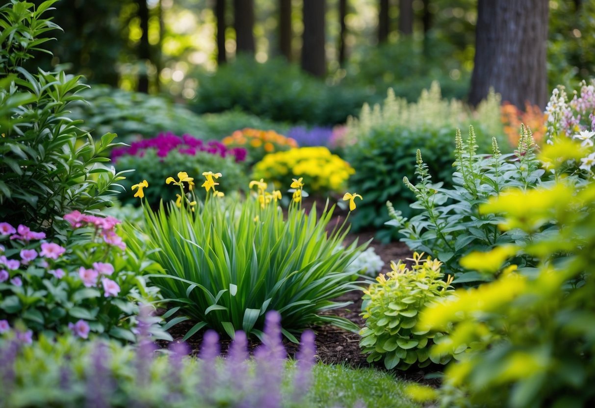 A lush woodland garden with a variety of shade perennials in bloom, showcasing different colors and textures throughout the seasons