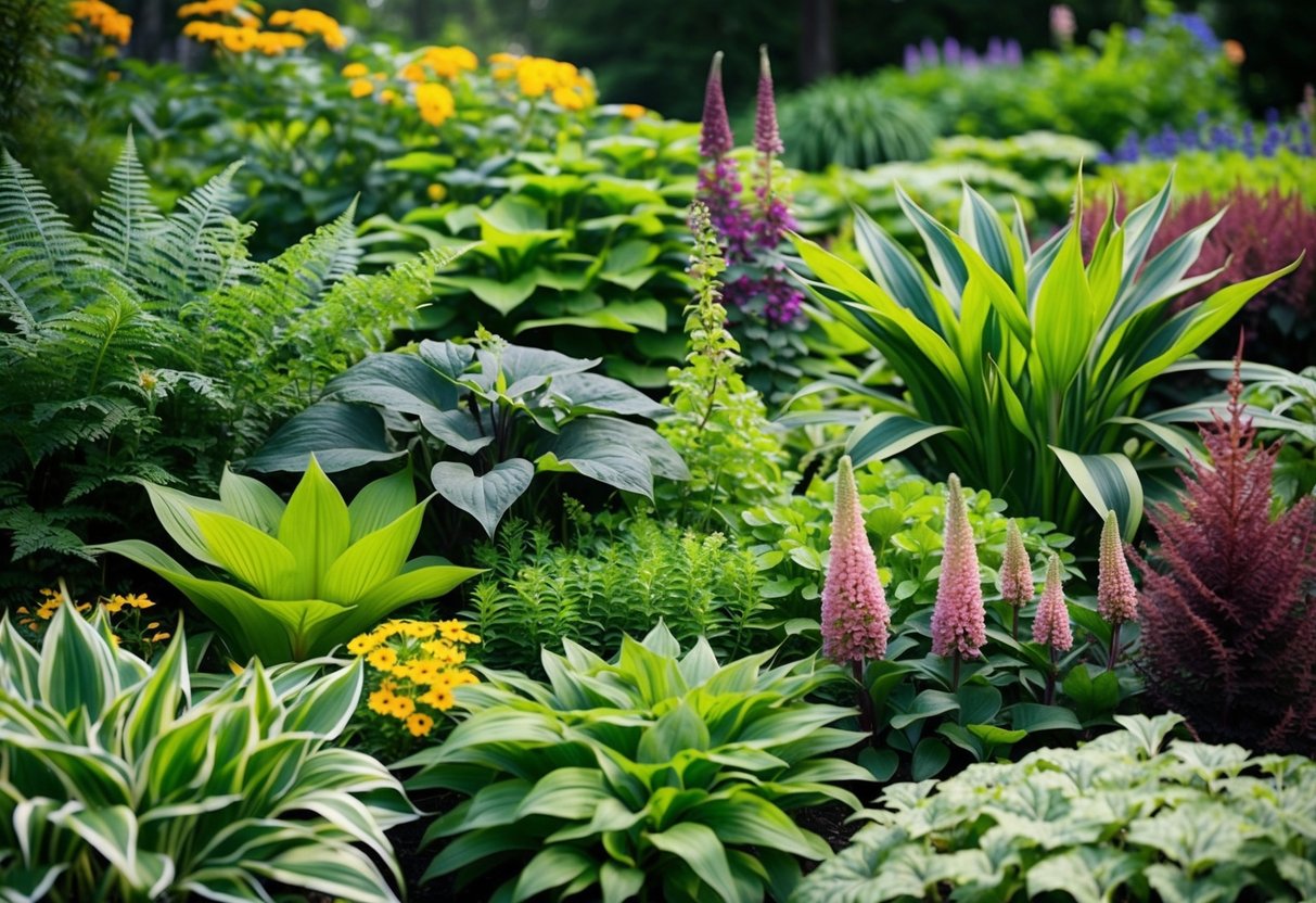 A variety of shade-loving plants bloom in a garden, including ferns, hostas, and astilbes. The scene is filled with lush greenery and colorful flowers, showcasing the diversity of plant life in a shaded environment