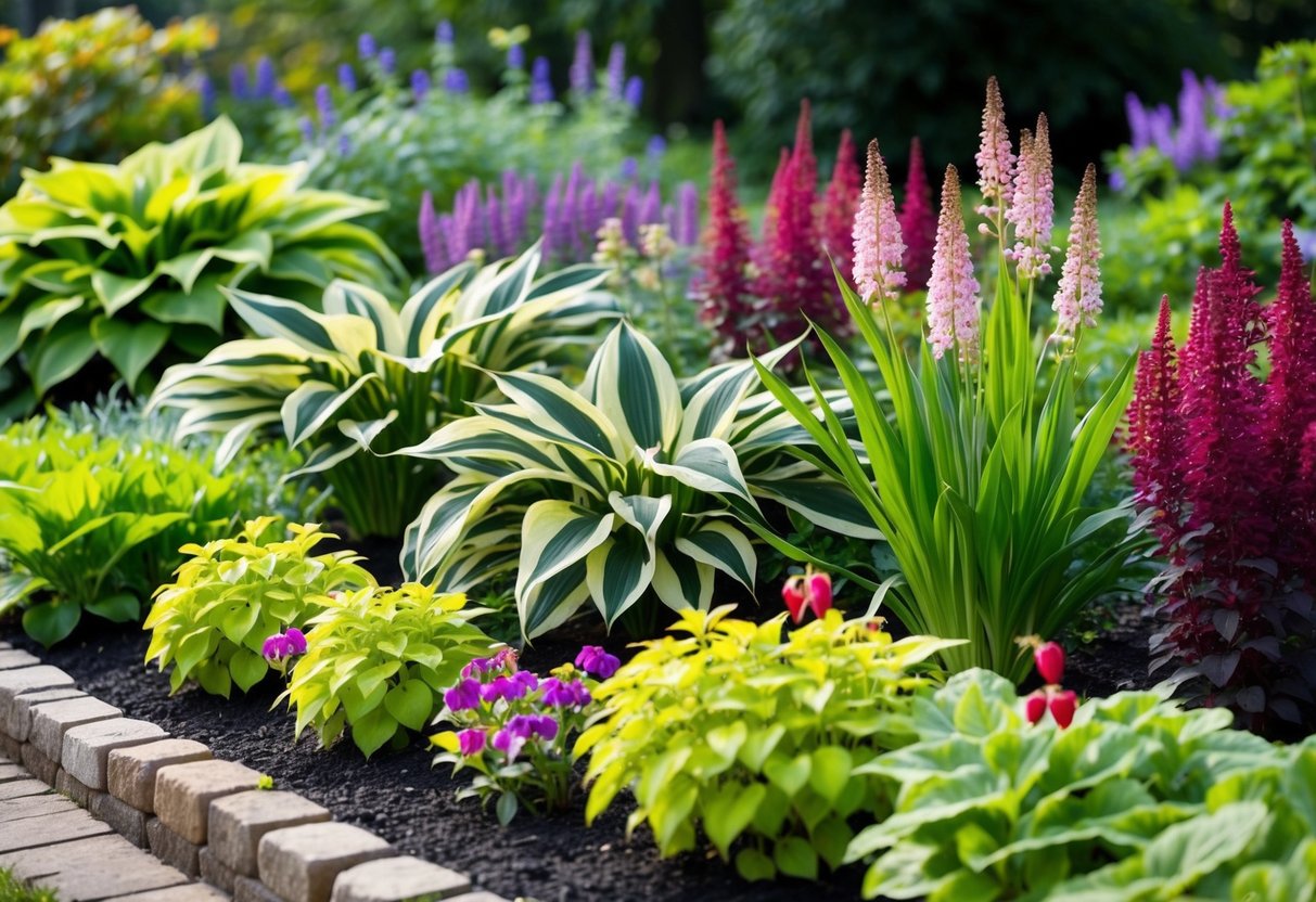 A lush, shaded garden bed with a variety of blooming perennials, including hostas, astilbes, and bleeding hearts, creating a colorful and vibrant scene