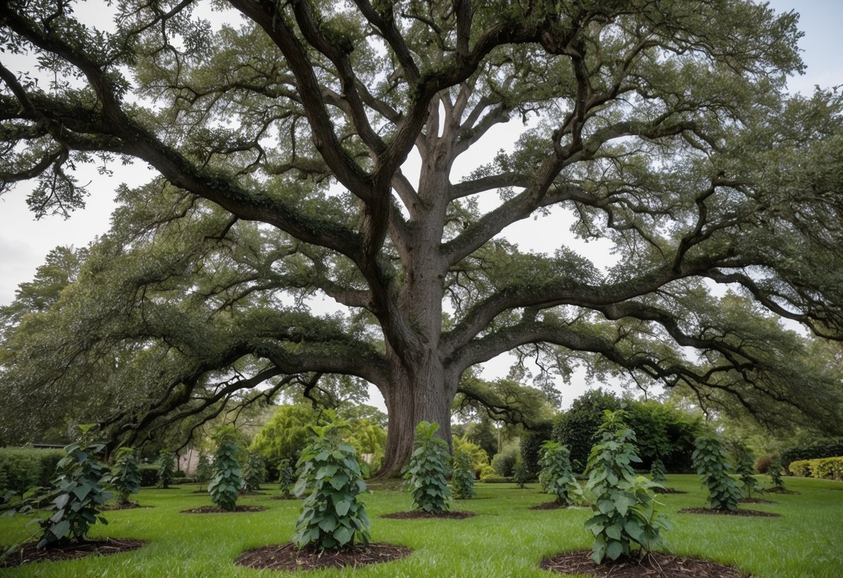 A towering oak tree with sprawling branches and thick foliage, surrounded by smaller, budding plants in various stages of growth