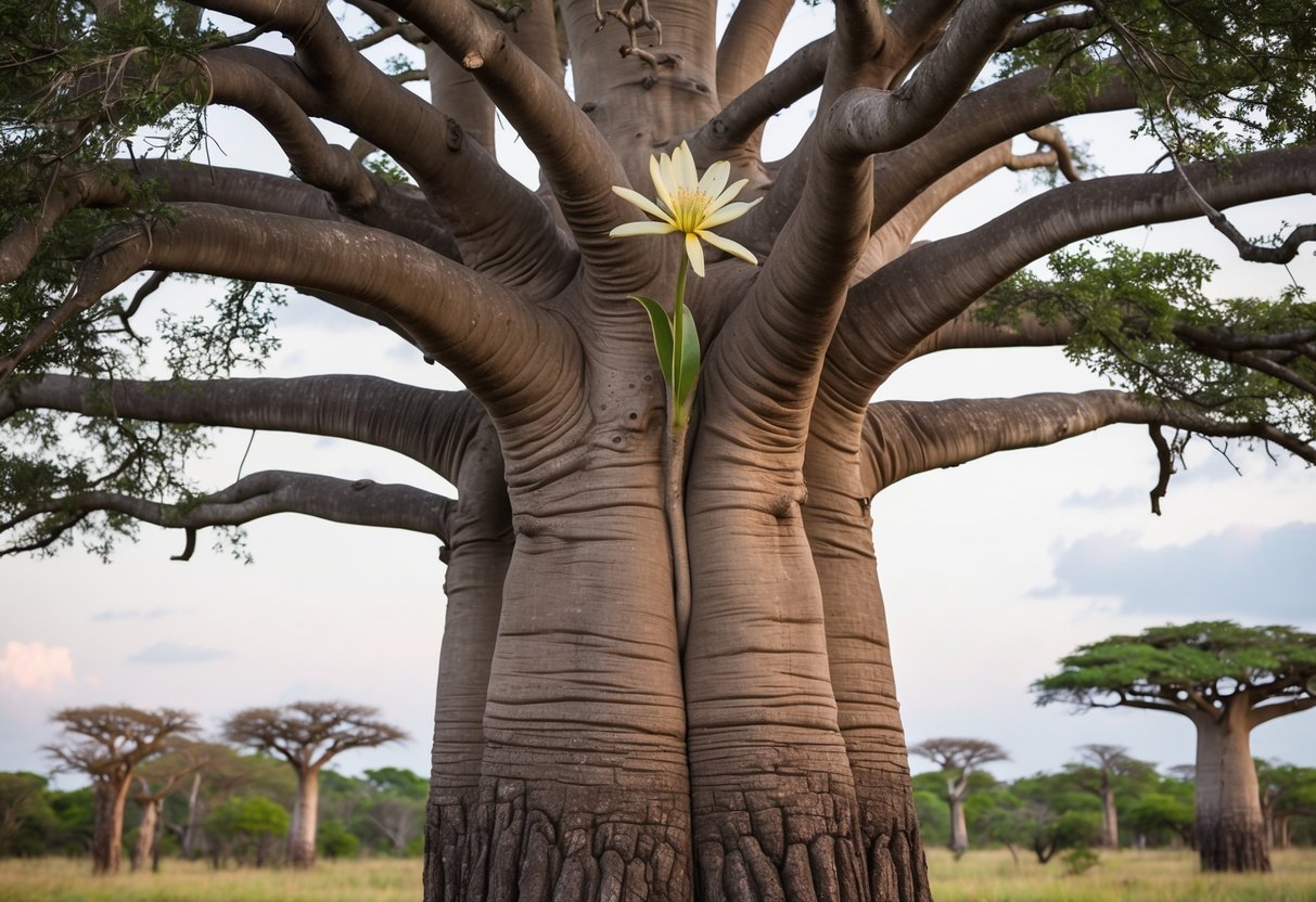 A gnarled baobab tree with thick, twisted branches and a single, delicate flower blooming at its peak after decades of growth