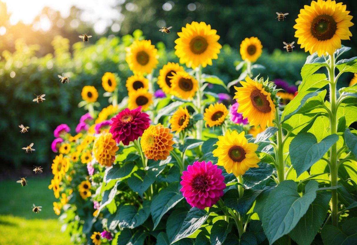 A vibrant cutting garden with blooming zinnias, dahlias, and sunflowers standing tall in the warm sunlight, surrounded by lush green foliage and buzzing bees