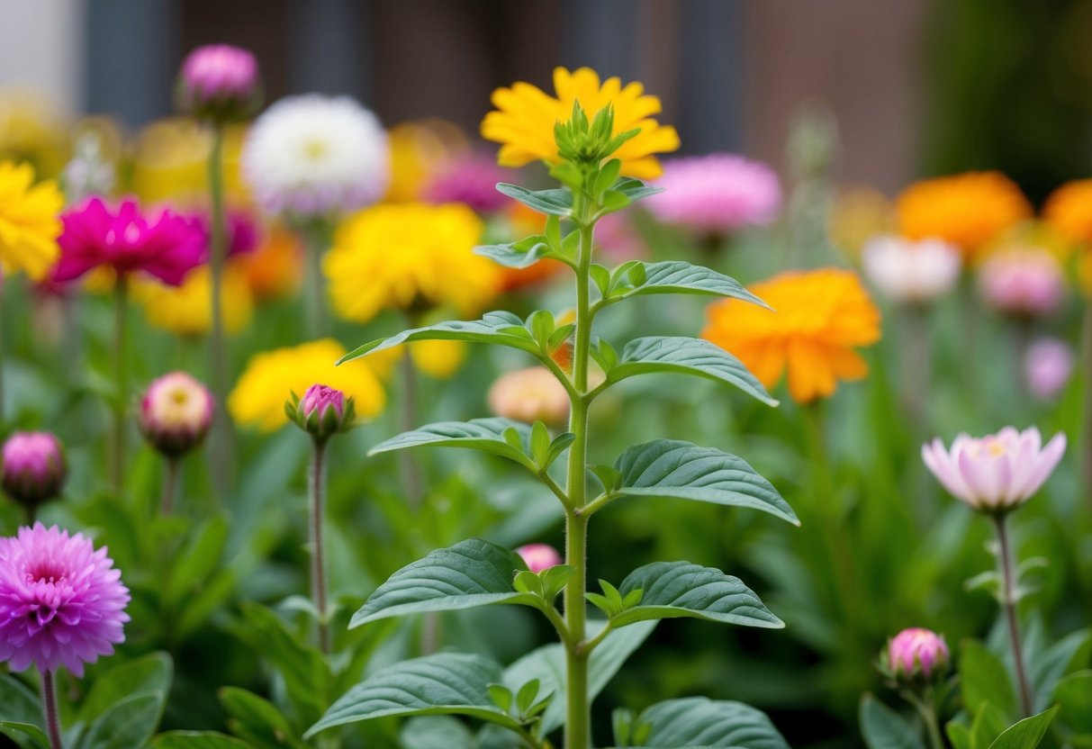 A young plant surrounded by various blooming flowers, standing out as the only one not yet in bloom