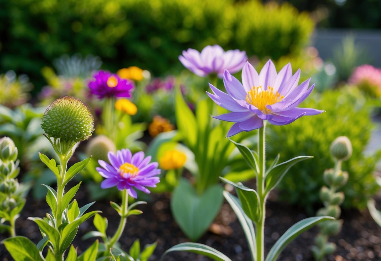 A garden with a variety of plants in different stages of bloom, with a focus on a blooming plant taking the longest time to flower