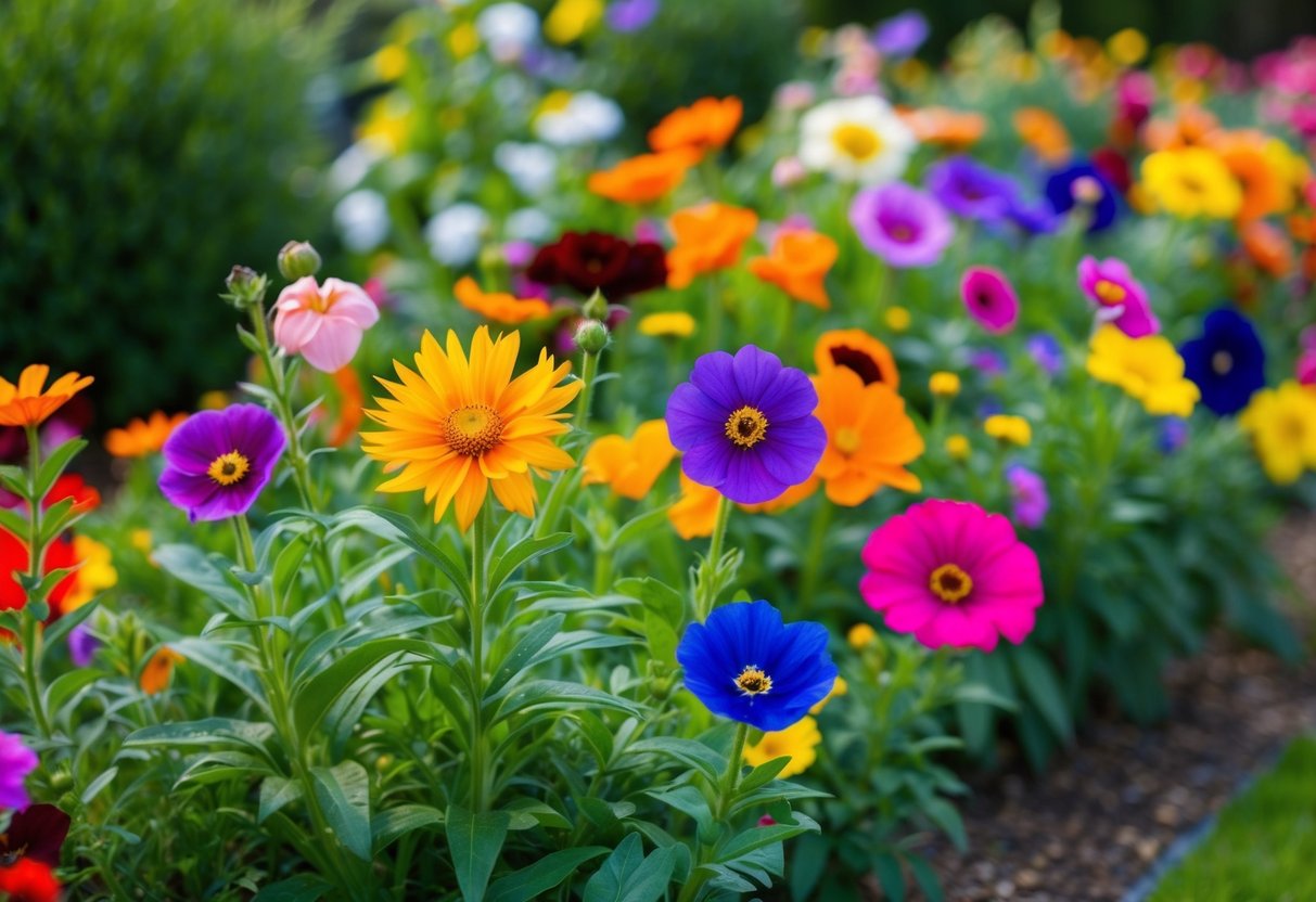 A garden with vibrant, resilient flowers blooming in various colors and shapes, thriving in the outdoor elements