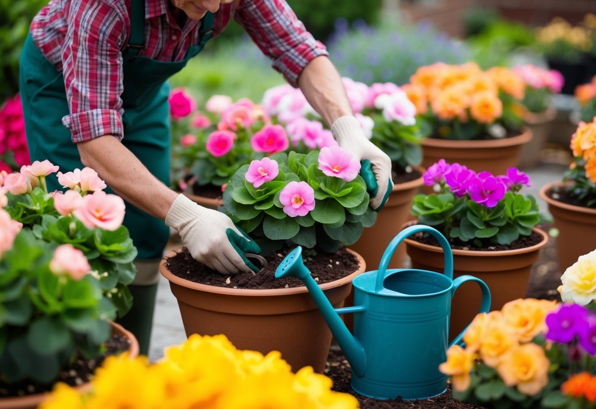 A gardener gently tucks non-stop begonias into rich, moist soil, surrounded by pots of colorful blooms. A watering can sits nearby