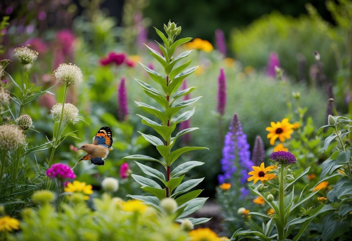 A garden filled with various perennials, with a focus on a tall and leafy plant that has not yet bloomed. Nearby, wildlife is drawn to the colorful flowers of other plants