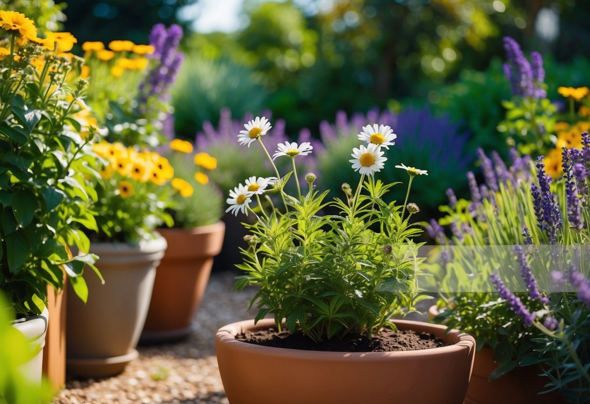 A colorful garden with hardy perennials like daisies and lavender thriving in the sunlight, surrounded by sturdy potted plants