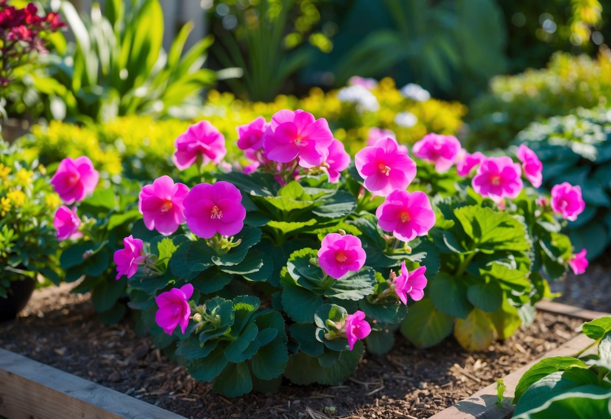 A lush garden bed with vibrant, blooming non-stop begonias thriving in the dappled sunlight of a shaded area, surrounded by healthy green foliage