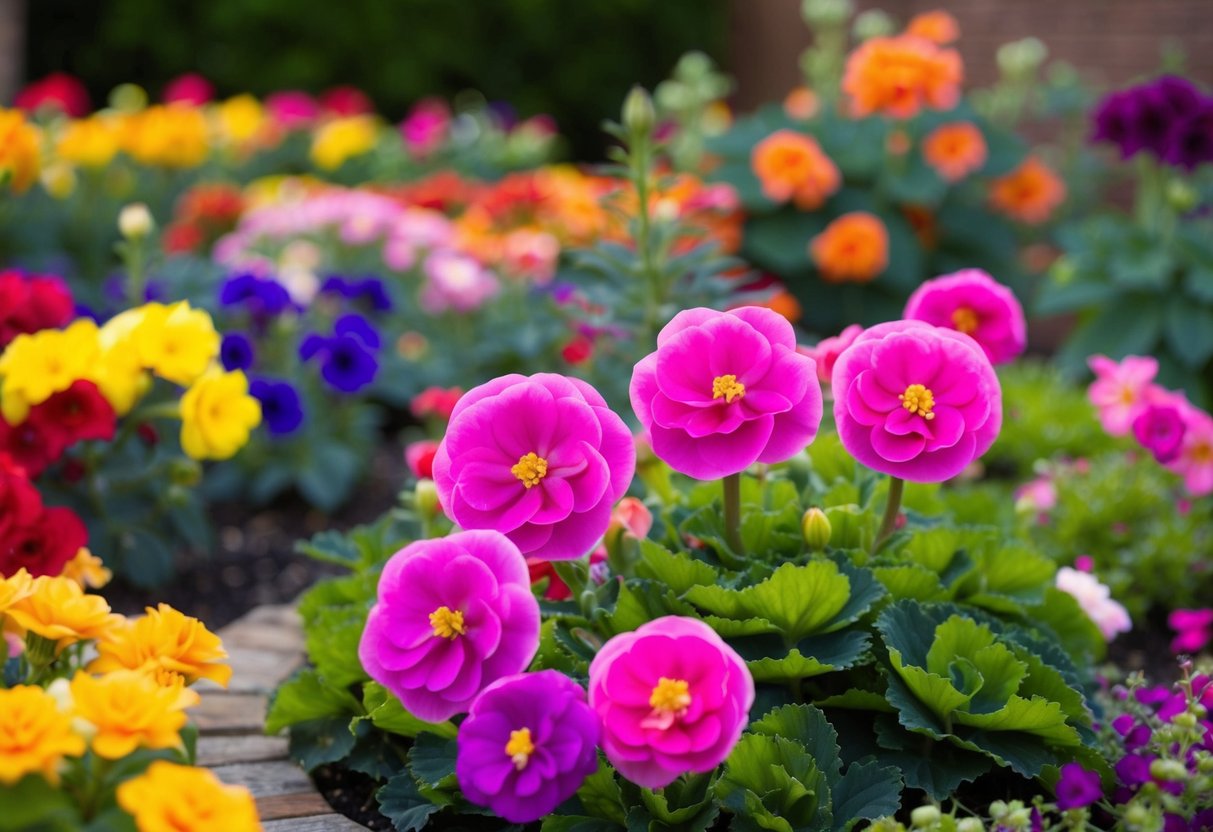 Vibrant non-stop begonias bloom in a lush, well-tended garden bed, surrounded by other colorful seasonal flowers