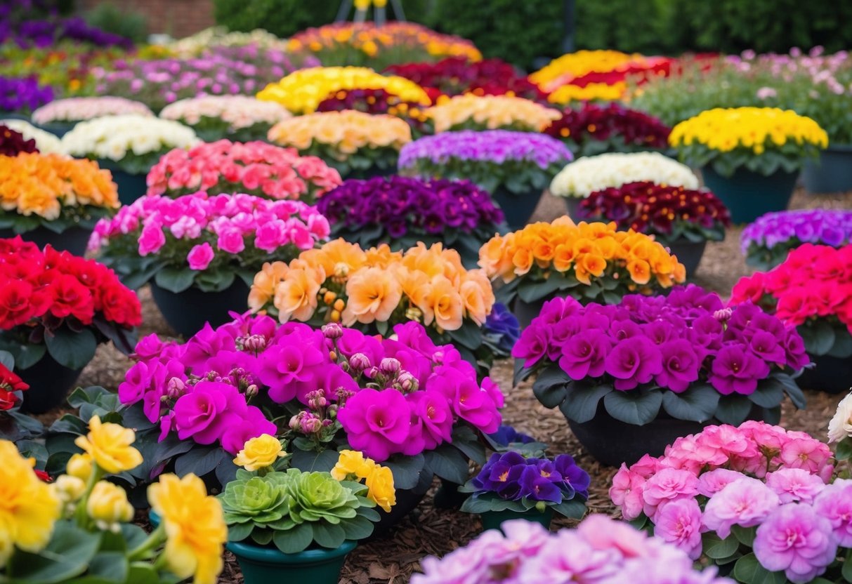 A vibrant garden bursting with blooming begonias in various colors and sizes, arranged in innovative and eye-catching displays