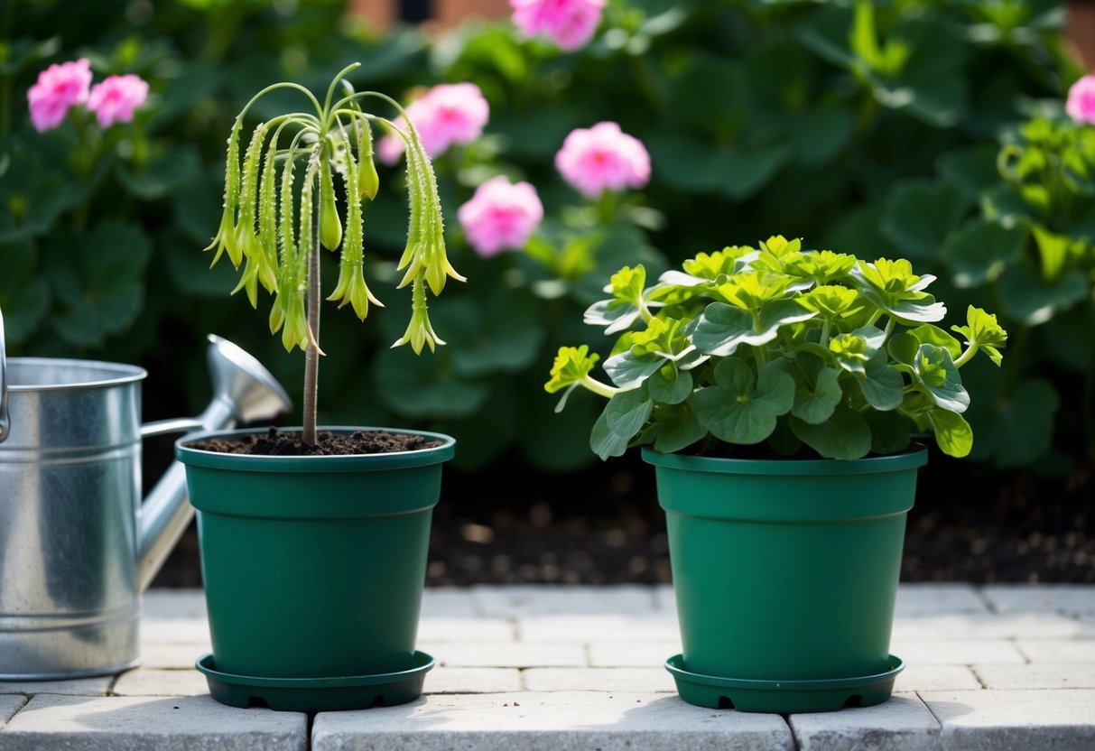 A pair of geraniums in separate pots, one with drooping, leggy stems and the other with lush, compact growth. Watering can and soil visible