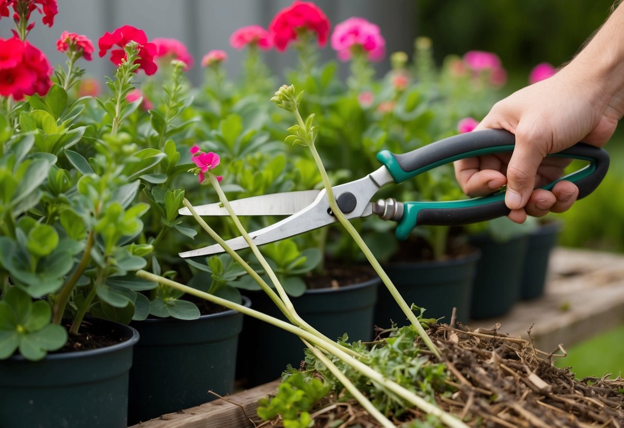 A pair of gardening shears trimming back long, thin stems of geranium plants, with a pile of discarded foliage nearby