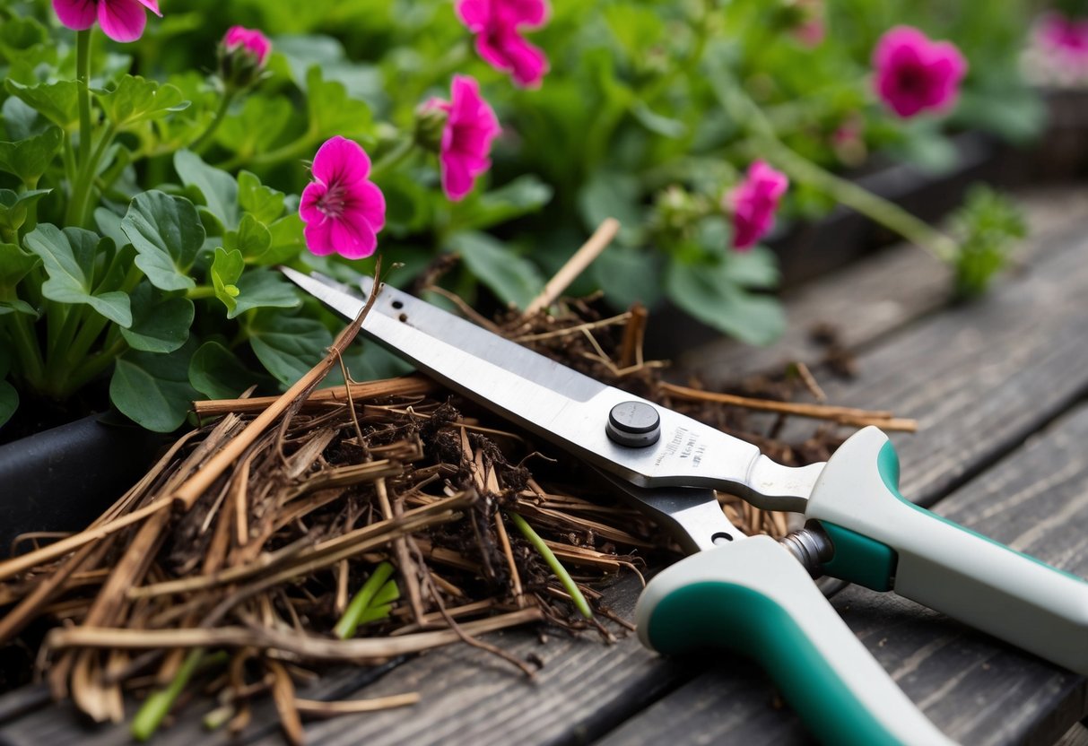 A pair of gardening shears cutting back spent geranium blooms, with a pile of trimmings nearby