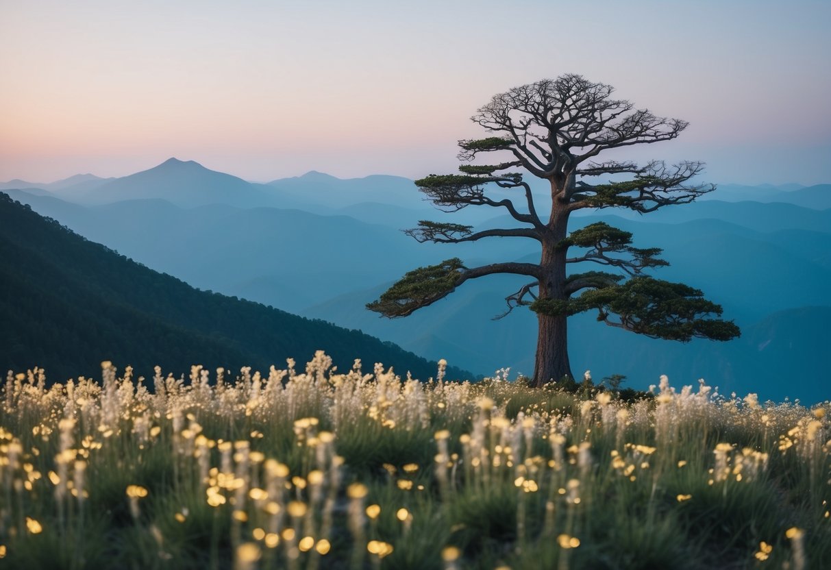 A serene mountain landscape with a solitary, ancient tree surrounded by delicate, glowing Youtan Poluo flowers in full bloom