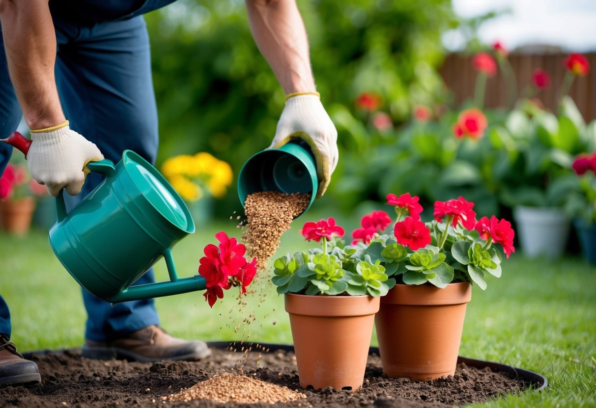 A gardener pouring fertilizer around a pot of geraniums