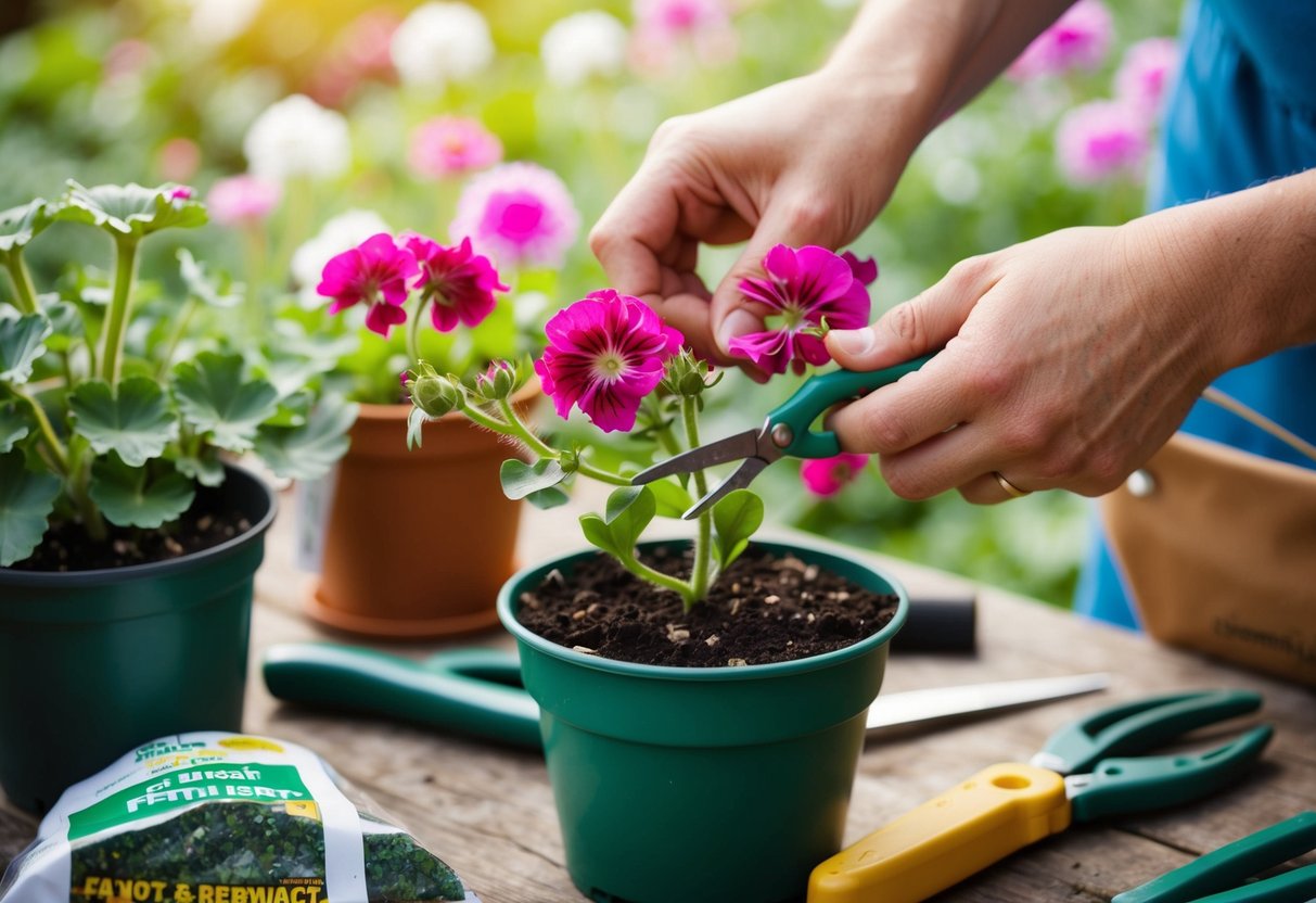 A pair of hands carefully snipping wilted geranium blooms off a potted plant, surrounded by gardening tools and a bag of fertilizer