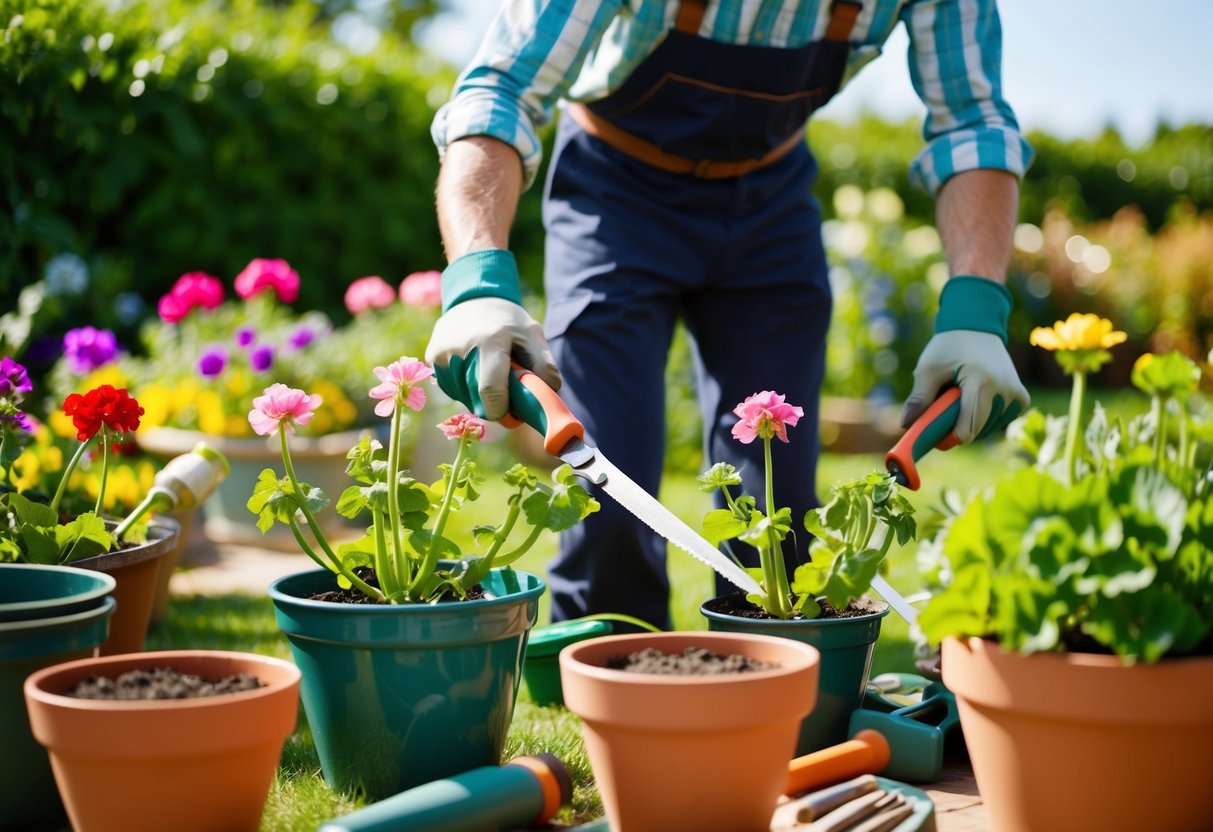 A gardener pruning leggy geraniums in a sunny garden, surrounded by pots and gardening tools