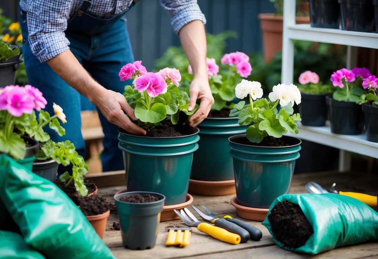 A pair of hands carefully repotting geraniums into larger pots, surrounded by gardening tools and bags of soil. Nearby, a shelf holds potted geraniums, ready for overwintering