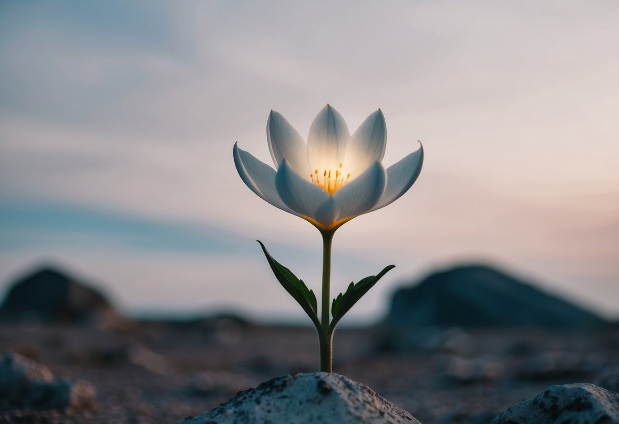 A solitary, otherworldly flower emerges from a rocky, desolate landscape, its delicate petals glowing with an ethereal light