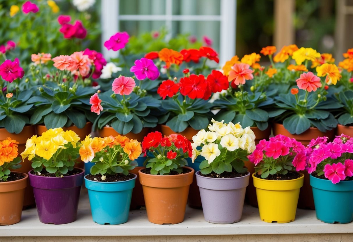 A colorful array of potted geraniums in various stages of growth, from vibrant blooms to fading petals, arranged on a sunny patio or windowsill