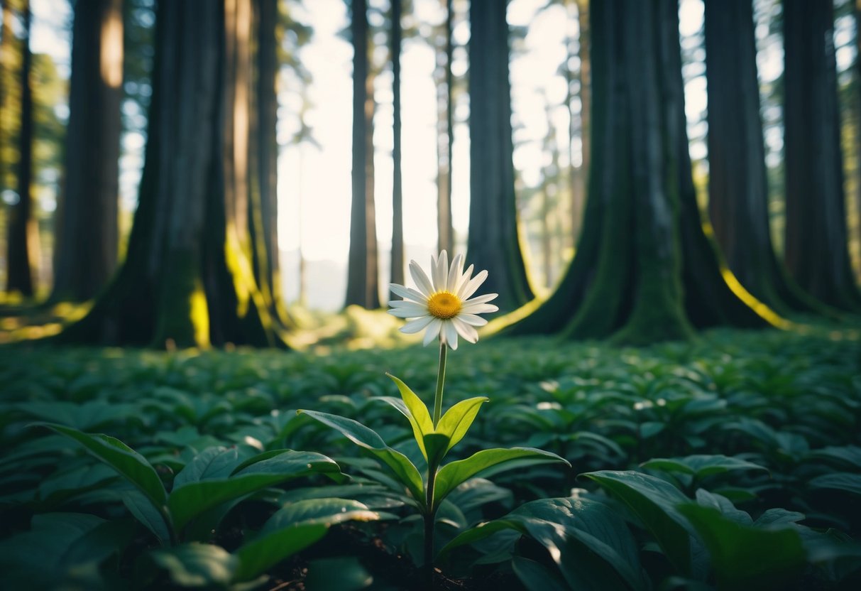 A vast, ancient forest with towering trees and a single, radiant flower emerging from the undergrowth