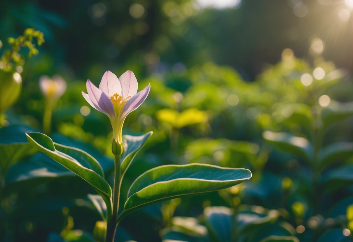 A mystical garden with lush greenery and a single, rare flower in full bloom, its delicate petals shimmering in the soft sunlight