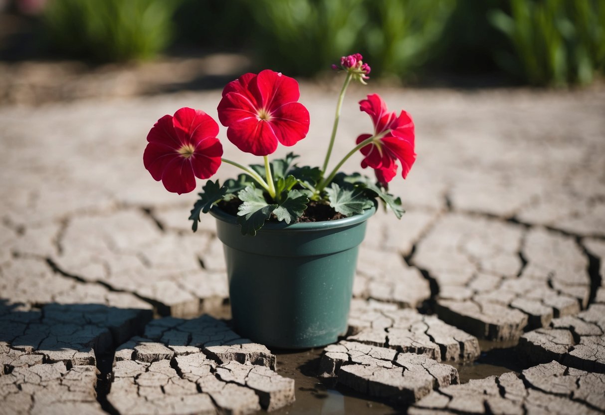 A potted geranium wilting in the sunlight, surrounded by dry, cracked soil and a lack of water