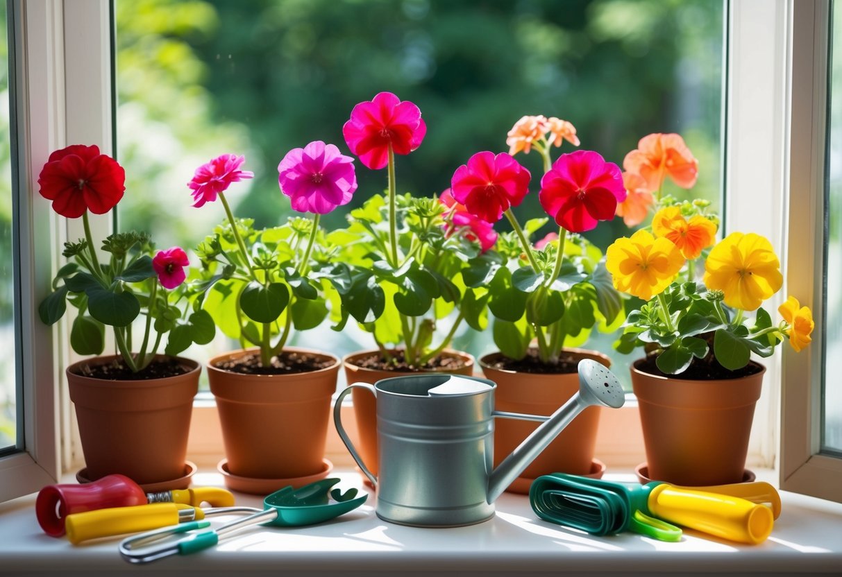 A sunny window sill with potted geraniums in various stages of blooming, surrounded by gardening tools and a watering can