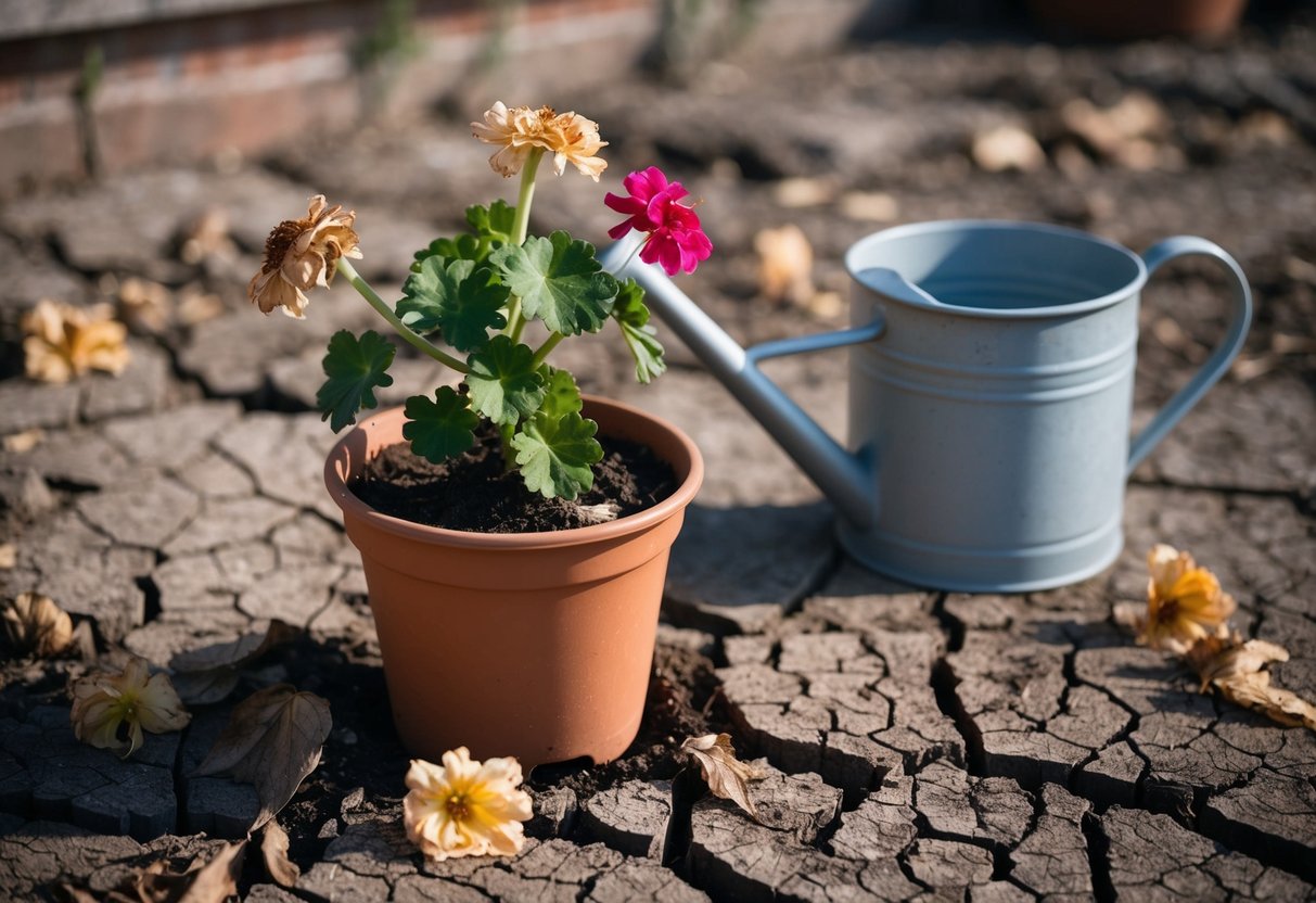 A potted geranium wilting in dry, cracked soil, surrounded by dead leaves and wilted flowers. Nearby, a watering can sits empty