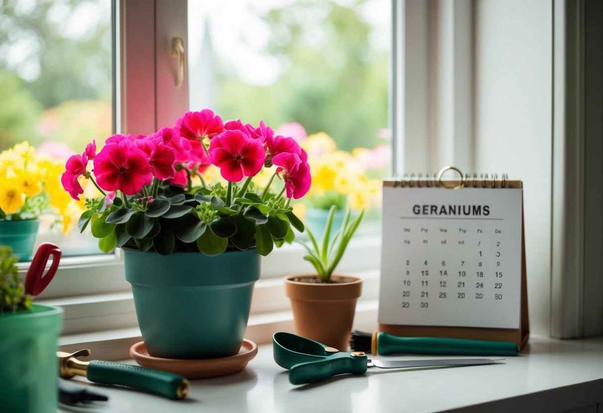 A cozy indoor scene with a pot of blooming geraniums on a windowsill, surrounded by gardening tools and a calendar marking annual care dates