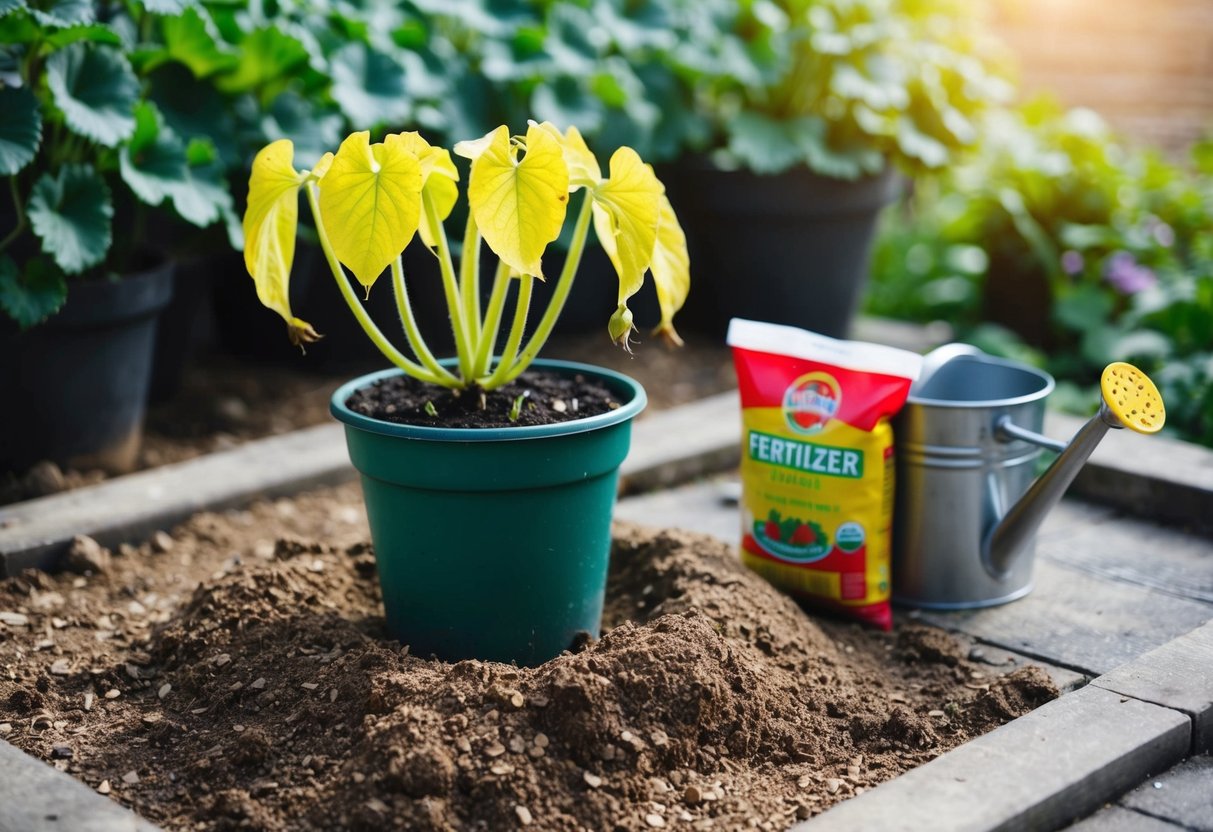 A wilting potted geranium surrounded by dry, crumbly soil, with yellowing leaves and drooping stems. Nearby, a watering can and a bag of fertilizer