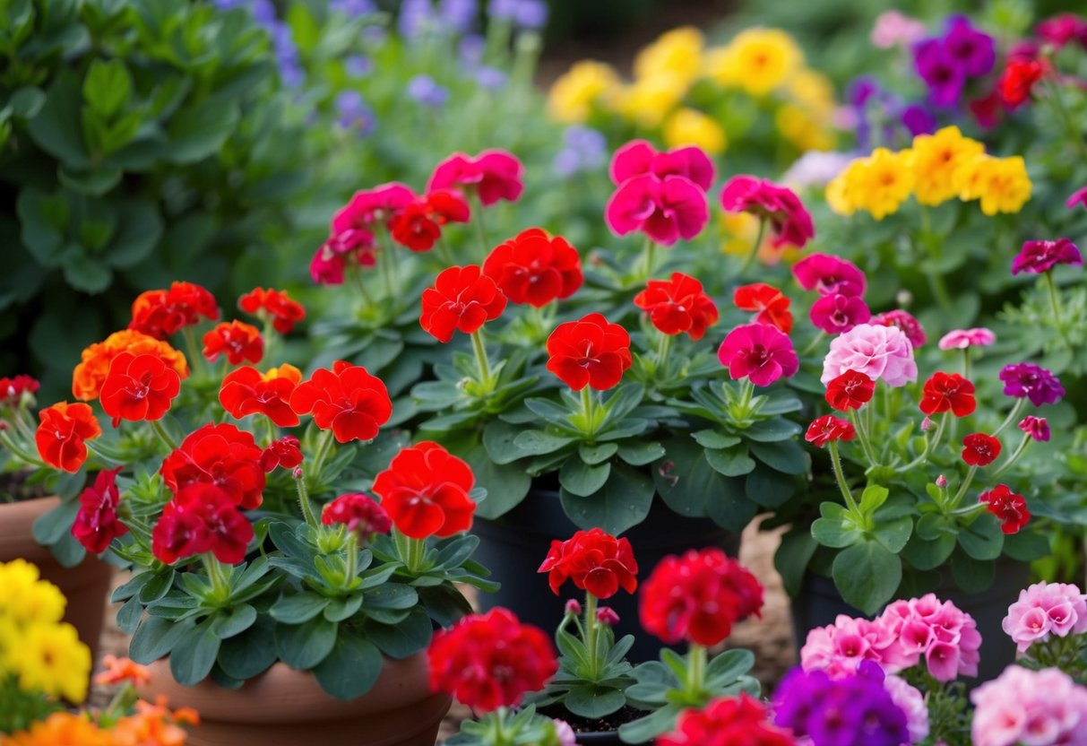 A vibrant garden with various geranium varieties thriving in full sun