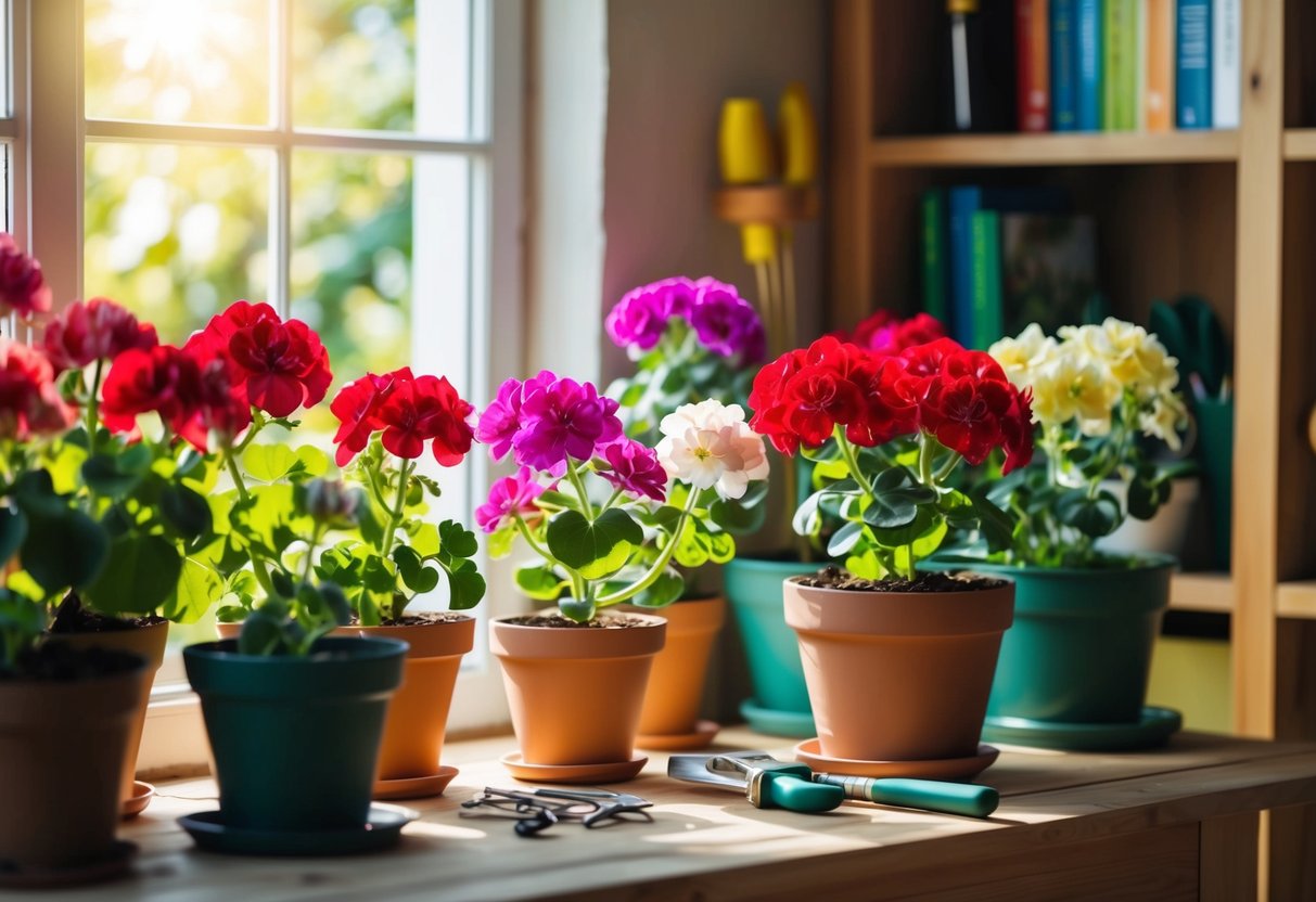 A cozy indoor setting with a variety of potted geraniums in bloom, surrounded by shelves of gardening books and tools, with sunlight streaming in through a nearby window