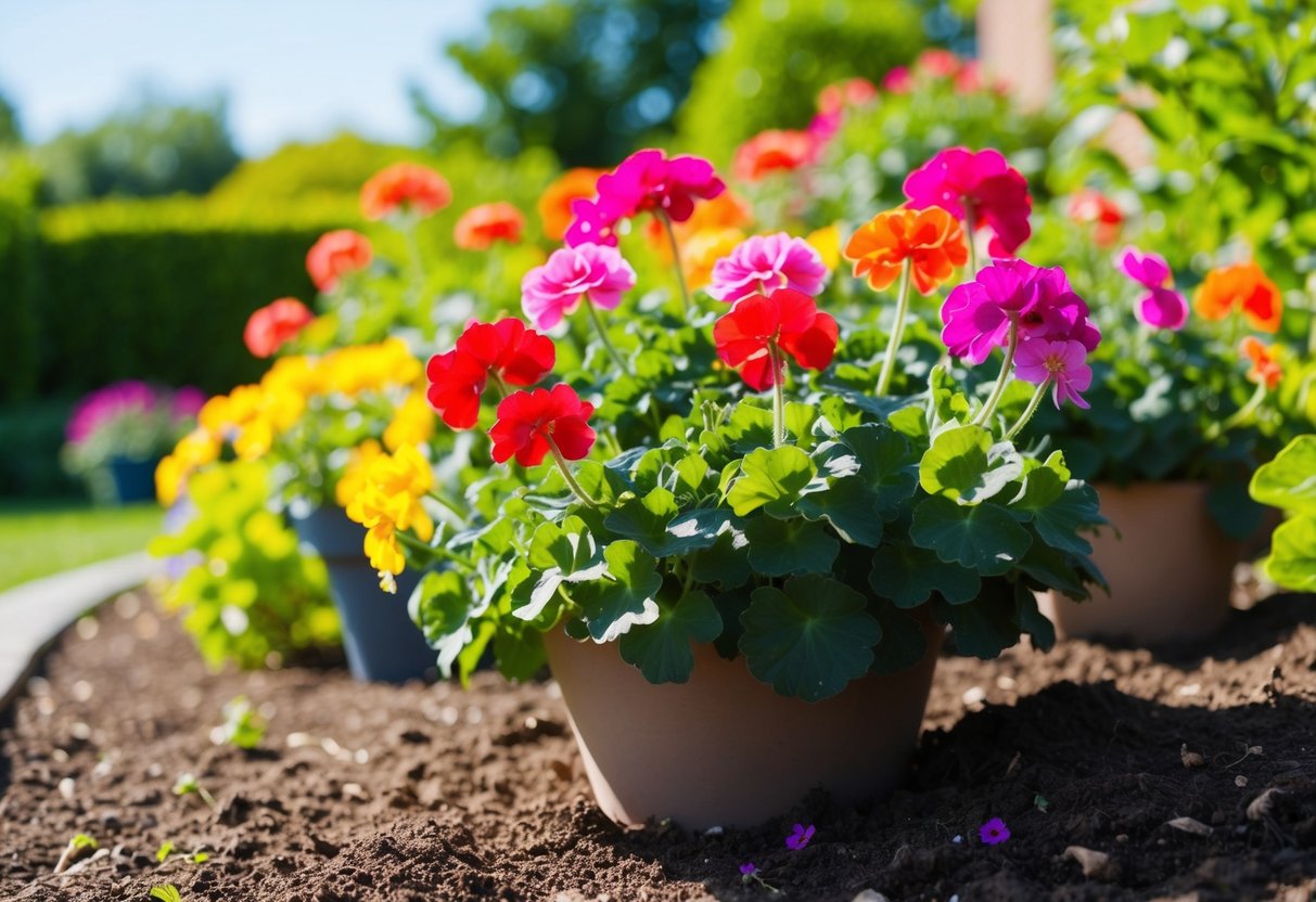 A sunny garden with colorful geraniums thriving in well-drained soil