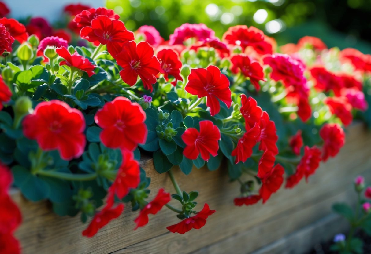 Bright red geraniums in full bloom spill over the edge of a garden bed, reaching towards the sunlight in a vibrant display of color