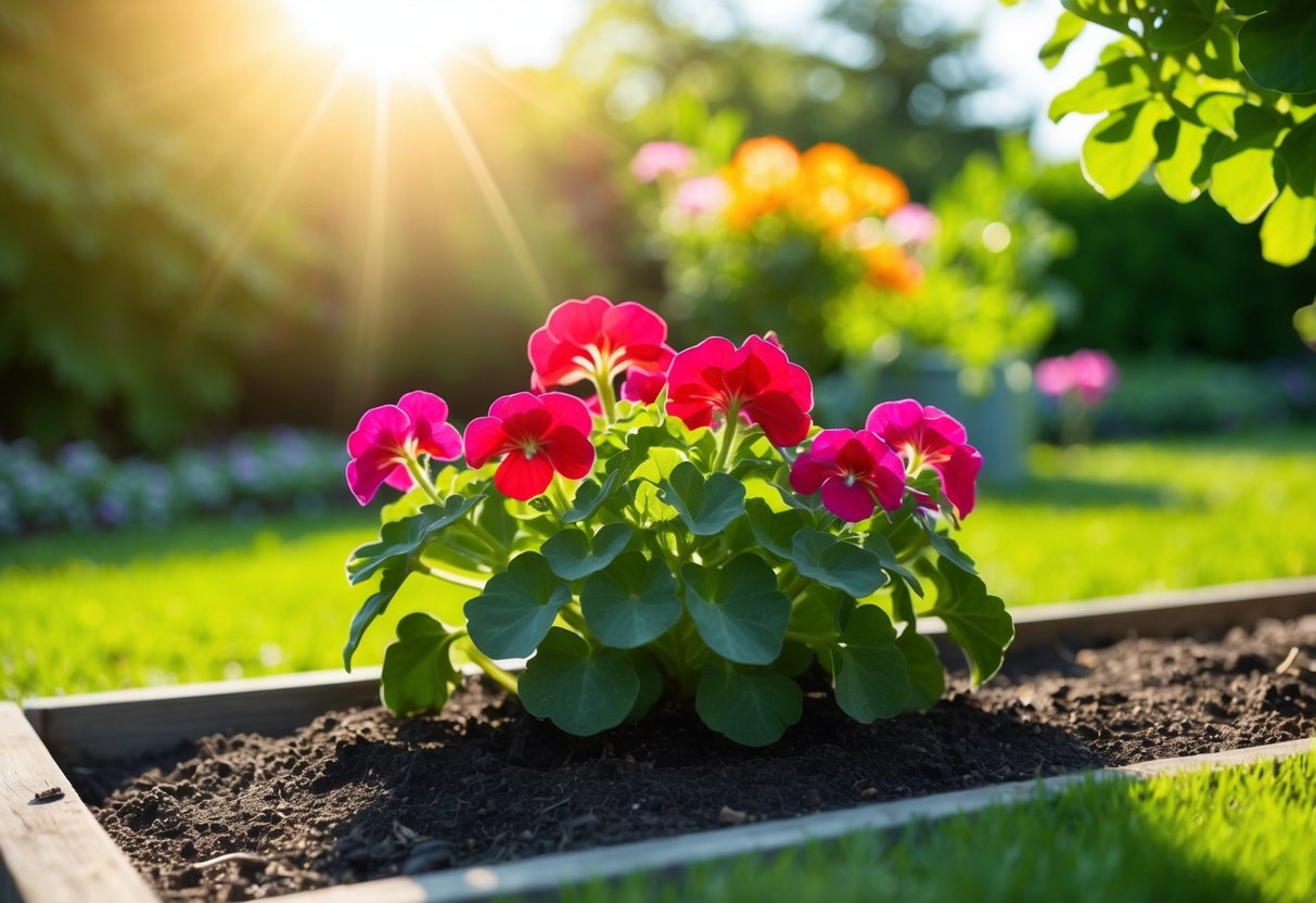 Bright sunlight shining on a healthy geranium plant in a well-drained garden bed. No signs of wilting or discoloration on the leaves