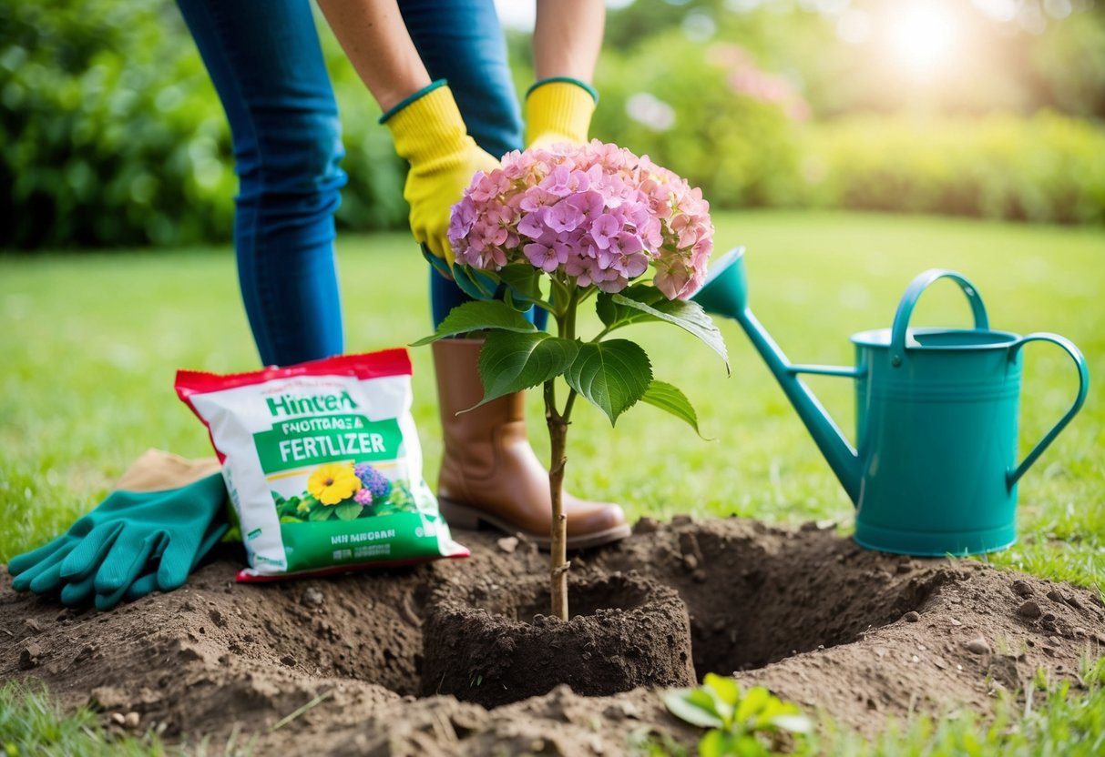 A pair of gardening gloves carefully planting a hydrangea in a freshly dug hole, surrounded by a bag of fertilizer and a watering can nearby