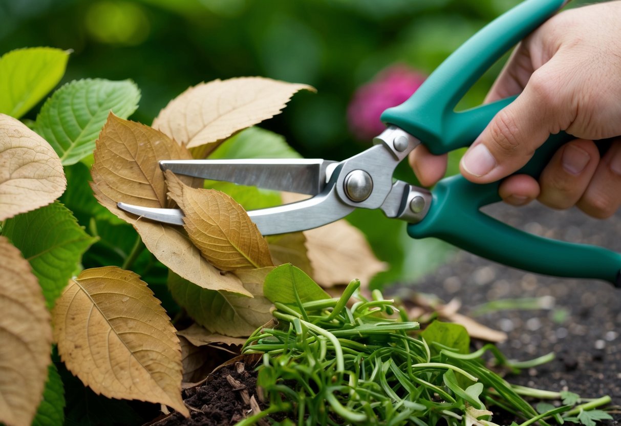 A pair of gardening shears snipping off brown hydrangea leaves, with a pile of discarded foliage nearby