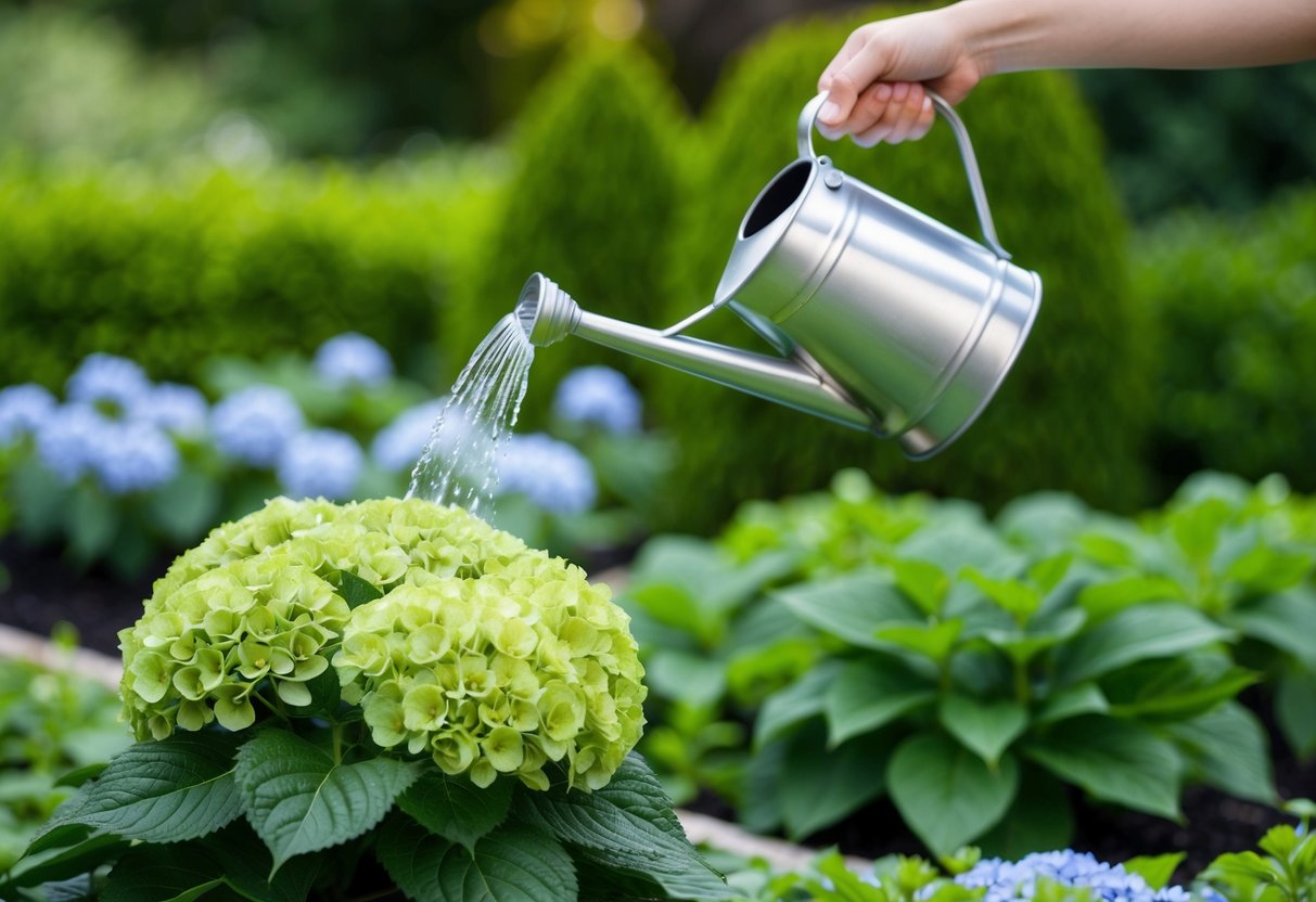 A watering can gently pouring water onto a lush green hydrangea plant in a well-maintained garden bed