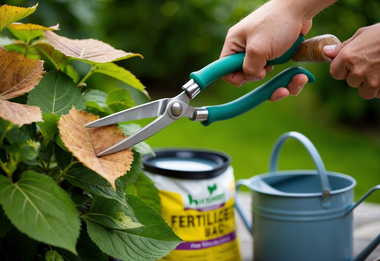 A pair of gardening shears snipping off brown hydrangea leaves, while a watering can and fertilizer bag sit nearby