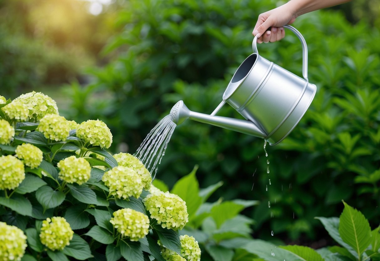 A watering can pouring water onto a vibrant hydrangea bush surrounded by lush green foliage