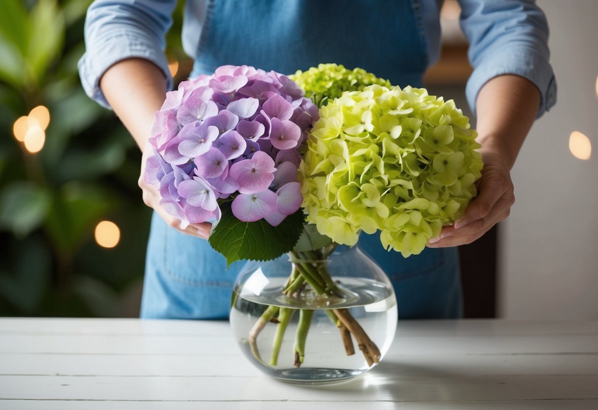 A pair of hands carefully trims and arranges a bouquet of vibrant hydrangea flowers in a glass vase filled with water