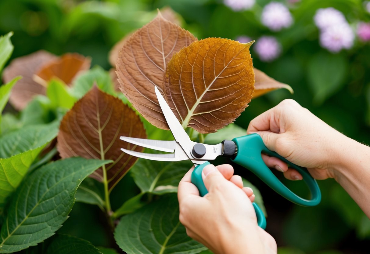 Brown hydrangea leaves being trimmed with gardening shears in a well-tended garden