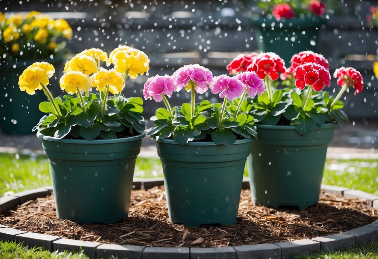 Healthy geranium plants in pots placed in a sunny, sheltered area with mulch around the base. A few snowflakes fall around them