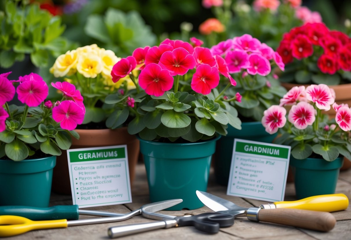 Vibrant geraniums in various stages of growth, surrounded by well-maintained gardening tools and labeled care instructions