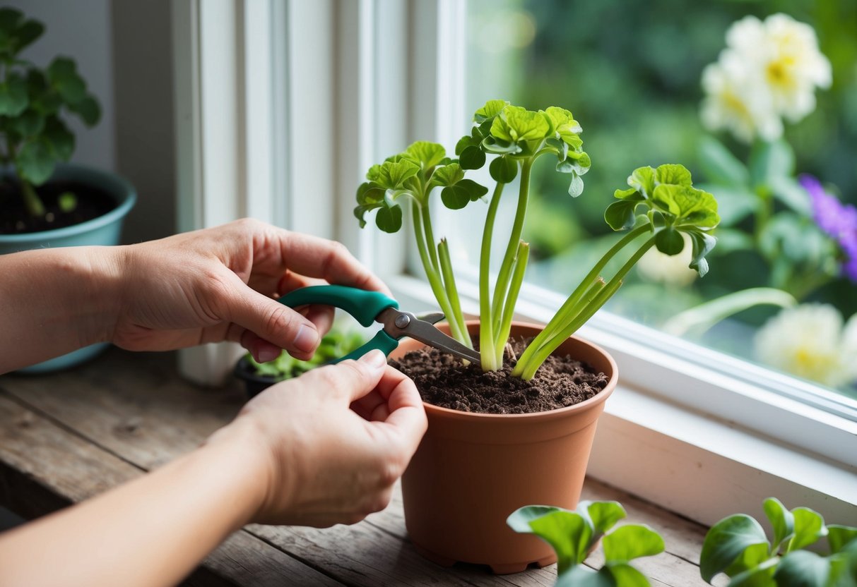 A pair of hands carefully snipping healthy geranium cuttings from a mature plant, placing them in a pot of moist soil, and setting them in a sunny window to root and grow