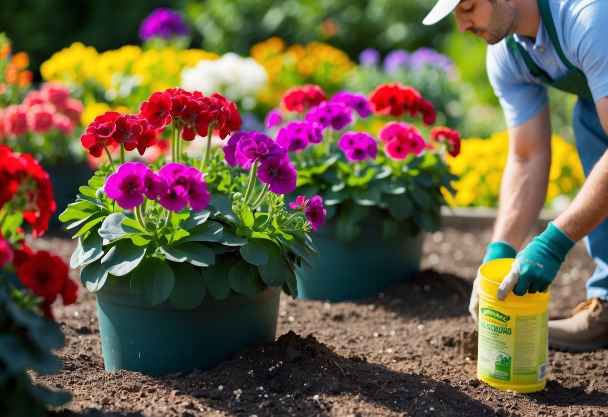 Healthy geranium plants blooming in a garden, surrounded by well-drained soil and receiving adequate sunlight. Nearby, a gardener applies slow-release fertilizer to promote growth